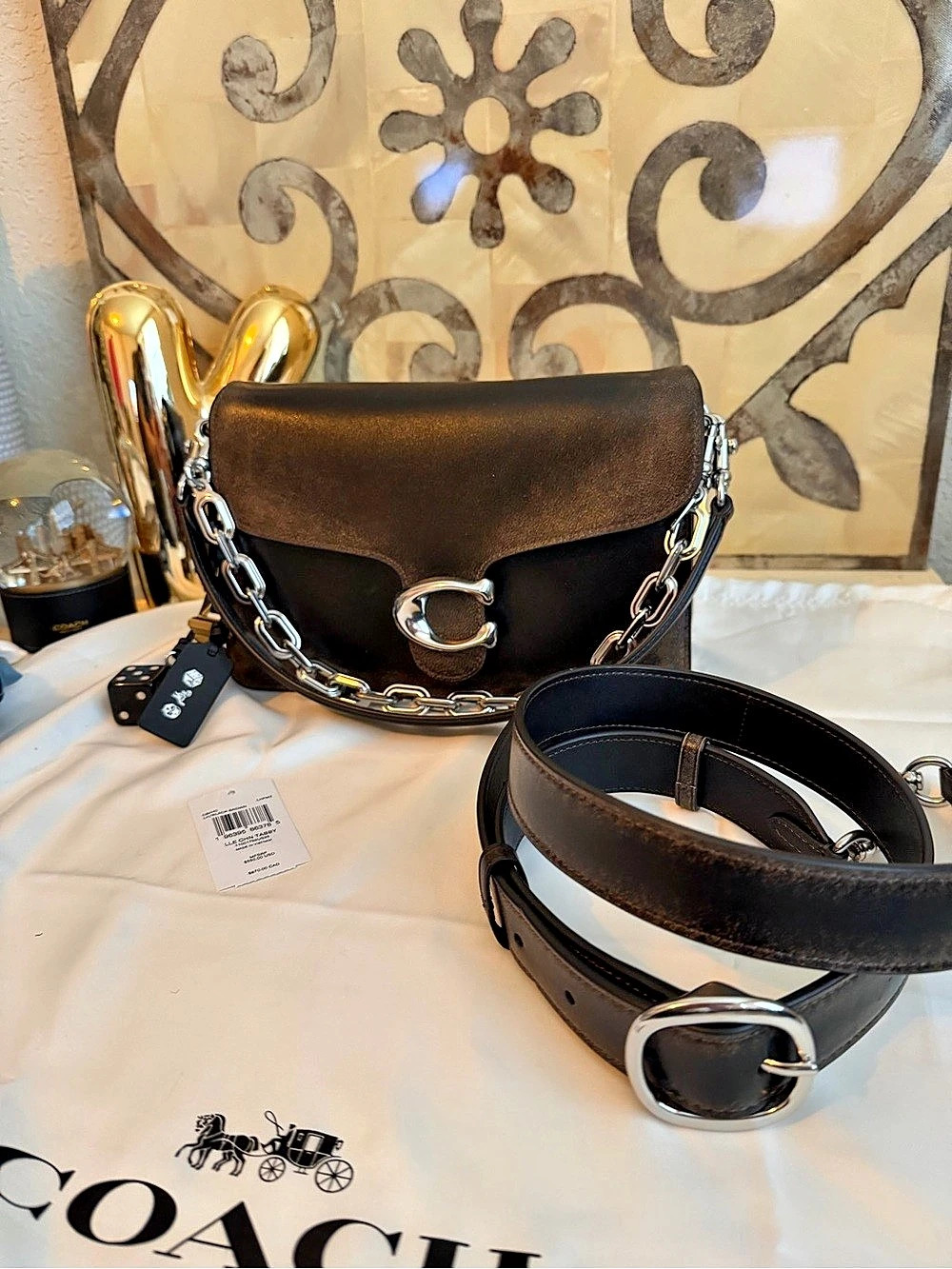Coach Chain Tabby 26 Leather Shoulder Bag in loved Leather Black & Brown EUC